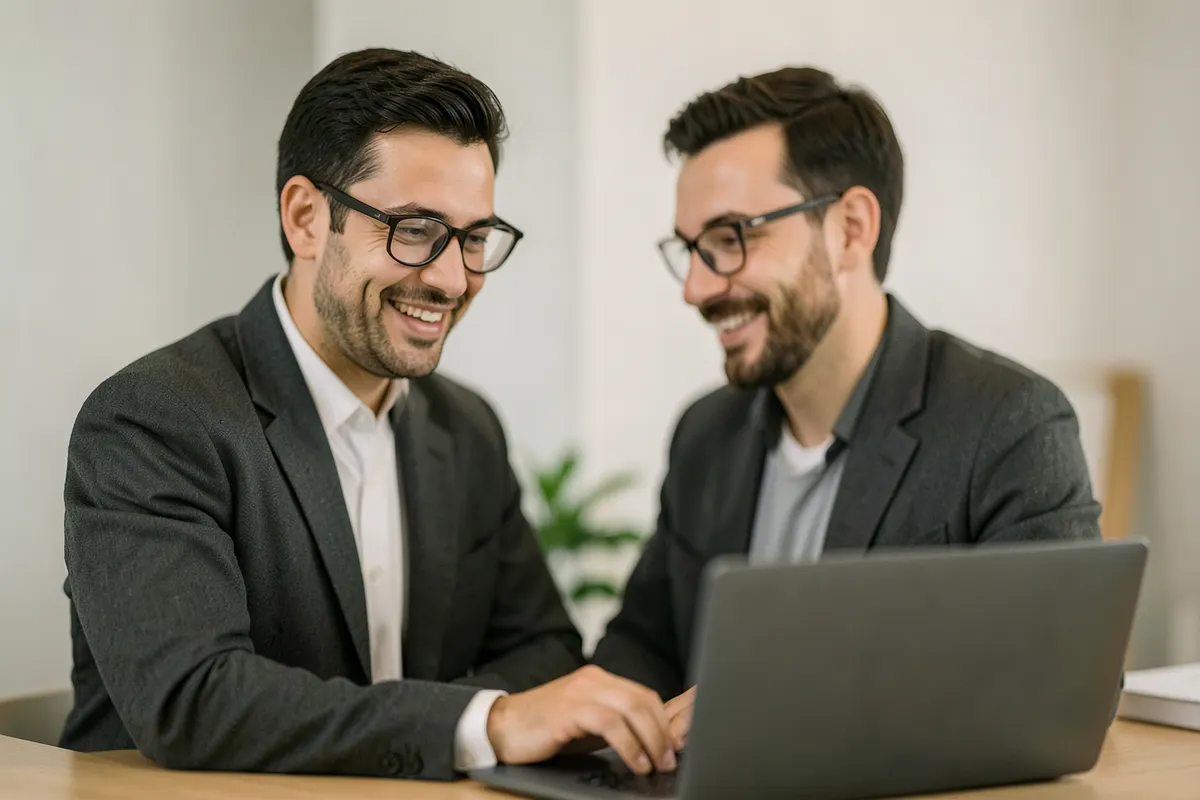 Psiquiatra sorrindo em uma videochamada com um paciente em um laptop, em um ambiente de escritório moderno e limpo.