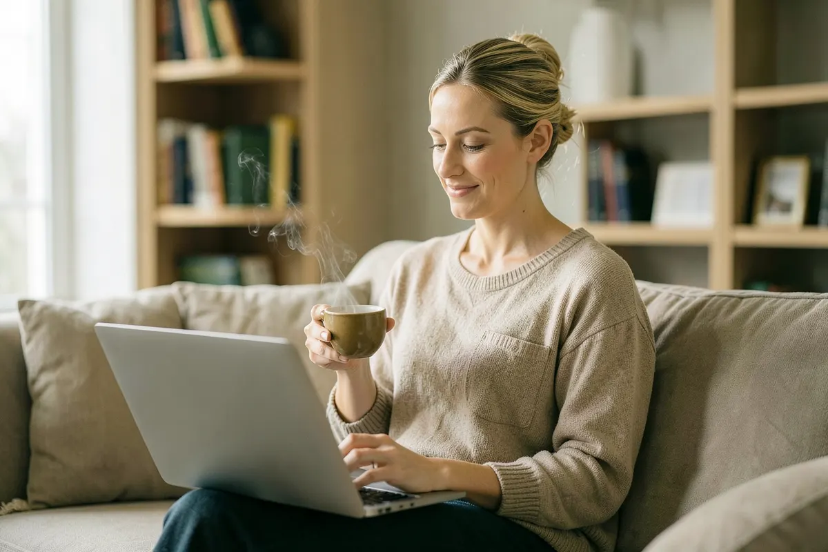 Mulher relaxada em casa, participando de uma consulta psiquiátrica online em seu laptop, com uma xícara de chá ao lado.