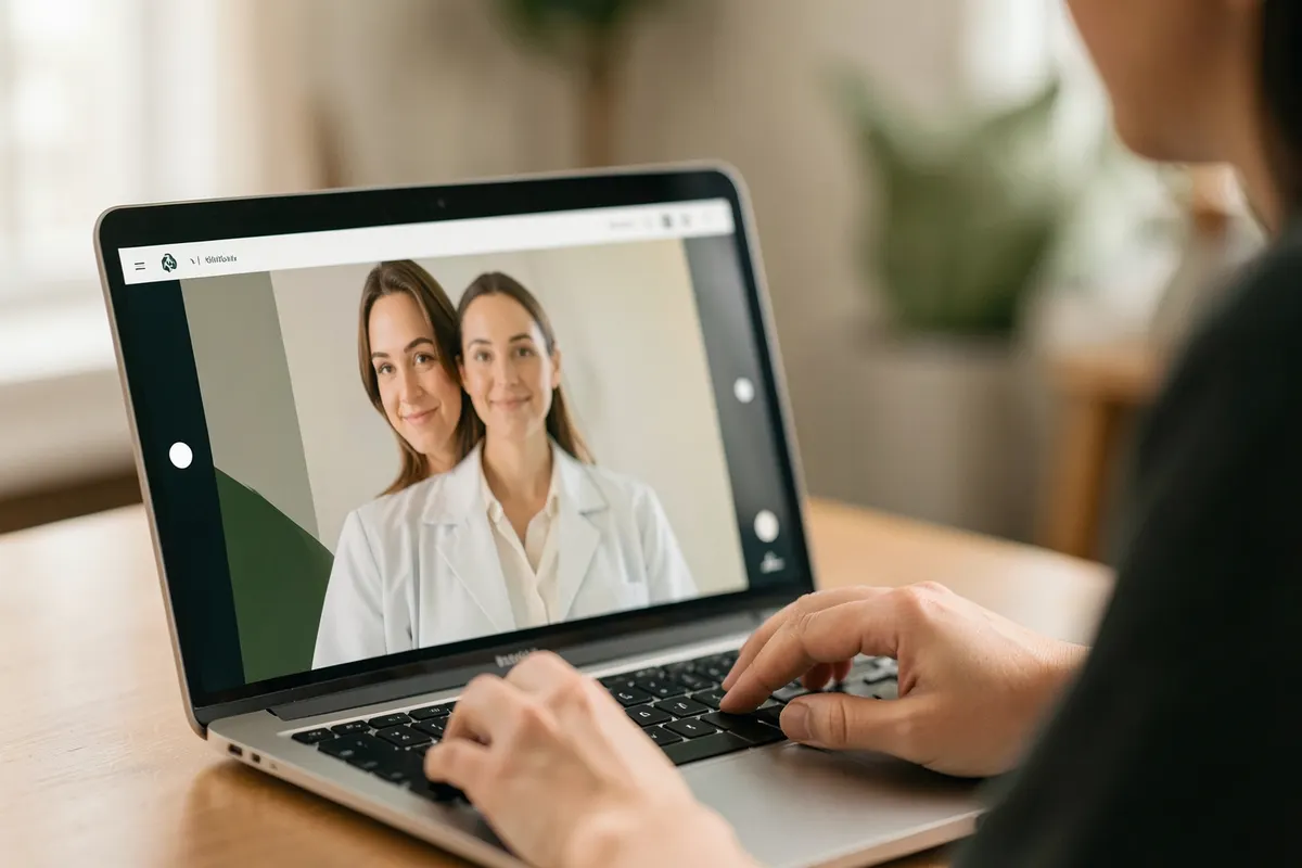 Close-up de um laptop exibindo uma consulta psiquiátrica por videochamada, com foco na tela e nas mãos do usuário.