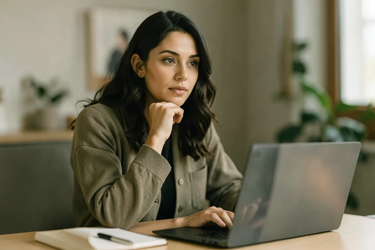 Mulher pensativa olhando para um laptop, considerando opções de psiquiatras online em um ambiente de escritório organizado.