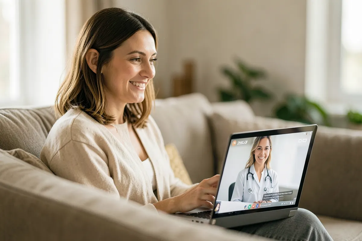 Mulher sorrindo confiantemente enquanto conversa com um psiquiatra online através de seu laptop em um ambiente de sala de estar iluminado.