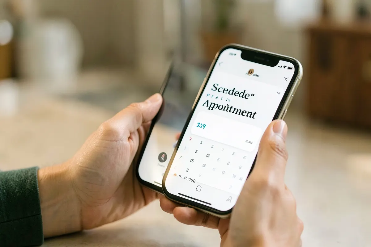 Mulher usando um smartphone para agendar uma consulta com um psiquiatra online, com um calendário visível na tela.
