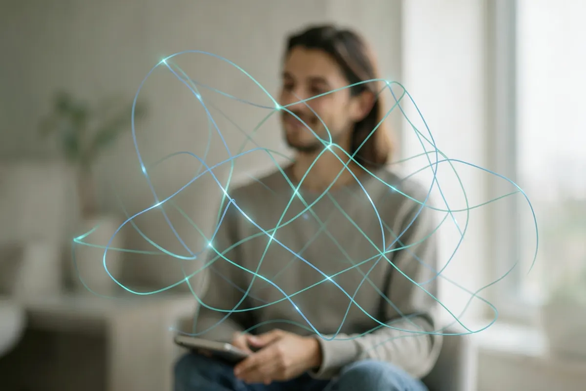 Gráfico abstrato de crescimento e conexões digitais sobreposto a uma imagem de uma pessoa em um ambiente calmo, representando o suporte da psiquiatria online.