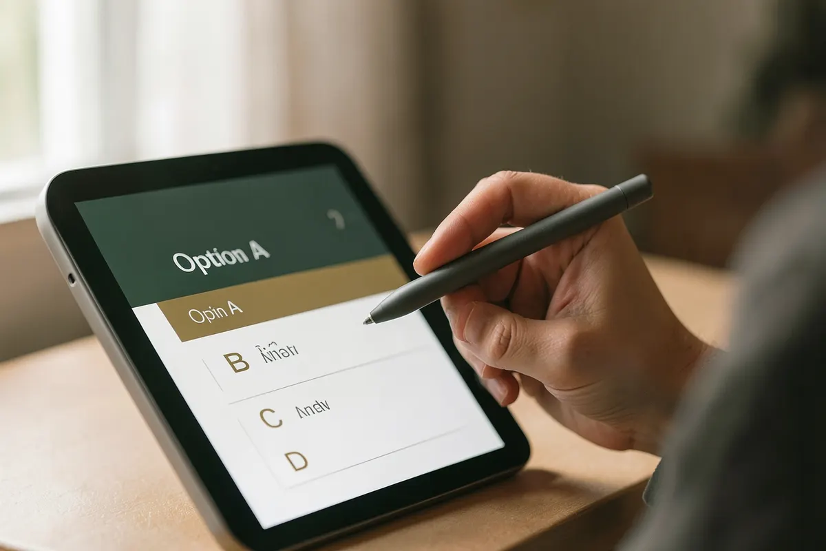 Close-up de uma pessoa respondendo a um quiz de depressão em um tablet, com foco na tela.