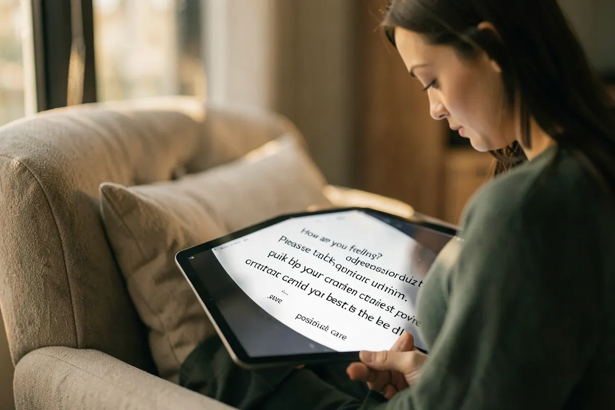 Pessoa pensativa segurando um tablet com um quiz de depressão, em um ambiente calmo.