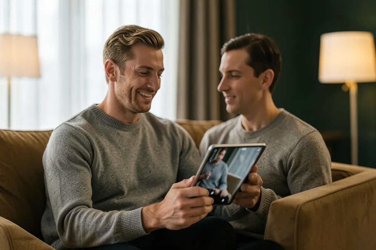 Um adulto sentado em uma sala de estar moderna, conversando com um terapeuta através de uma videochamada em um tablet.