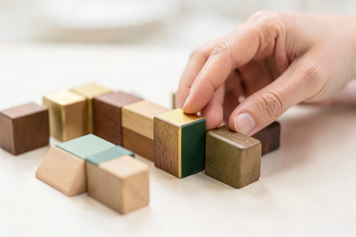 Uma pessoa organizando blocos de construção coloridos em uma mesa, simbolizando a montagem de um diagnóstico.