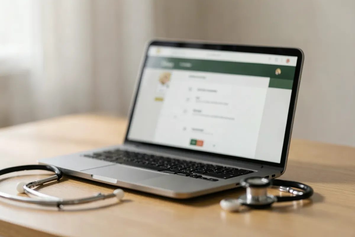 Um close-up de um laptop exibindo uma interface de consulta médica online, com um estetoscópio delicadamente colocado ao lado.