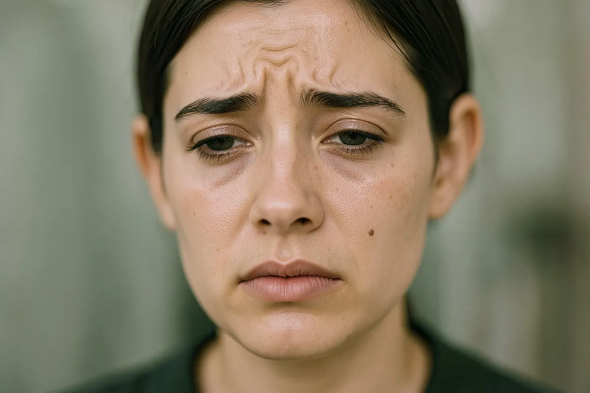 Close-up de uma pessoa com expressão triste e cansada.
