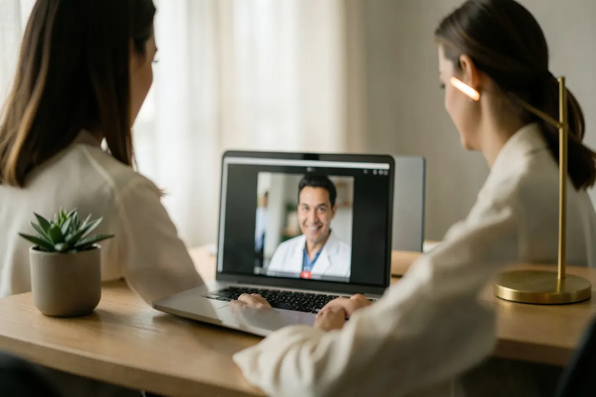 Uma pessoa em consulta médica online por videochamada em um laptop.