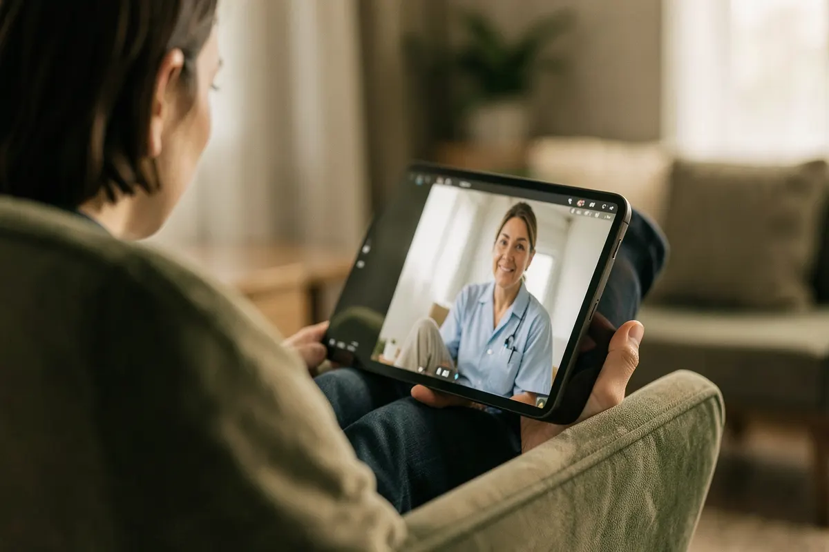 Pessoa em sessão de terapia online com profissional de saúde mental.