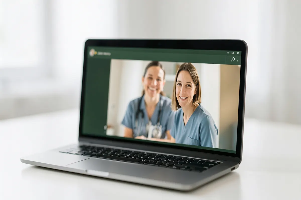 Laptop exibindo interface de consulta médica online com profissional sorrindo.
