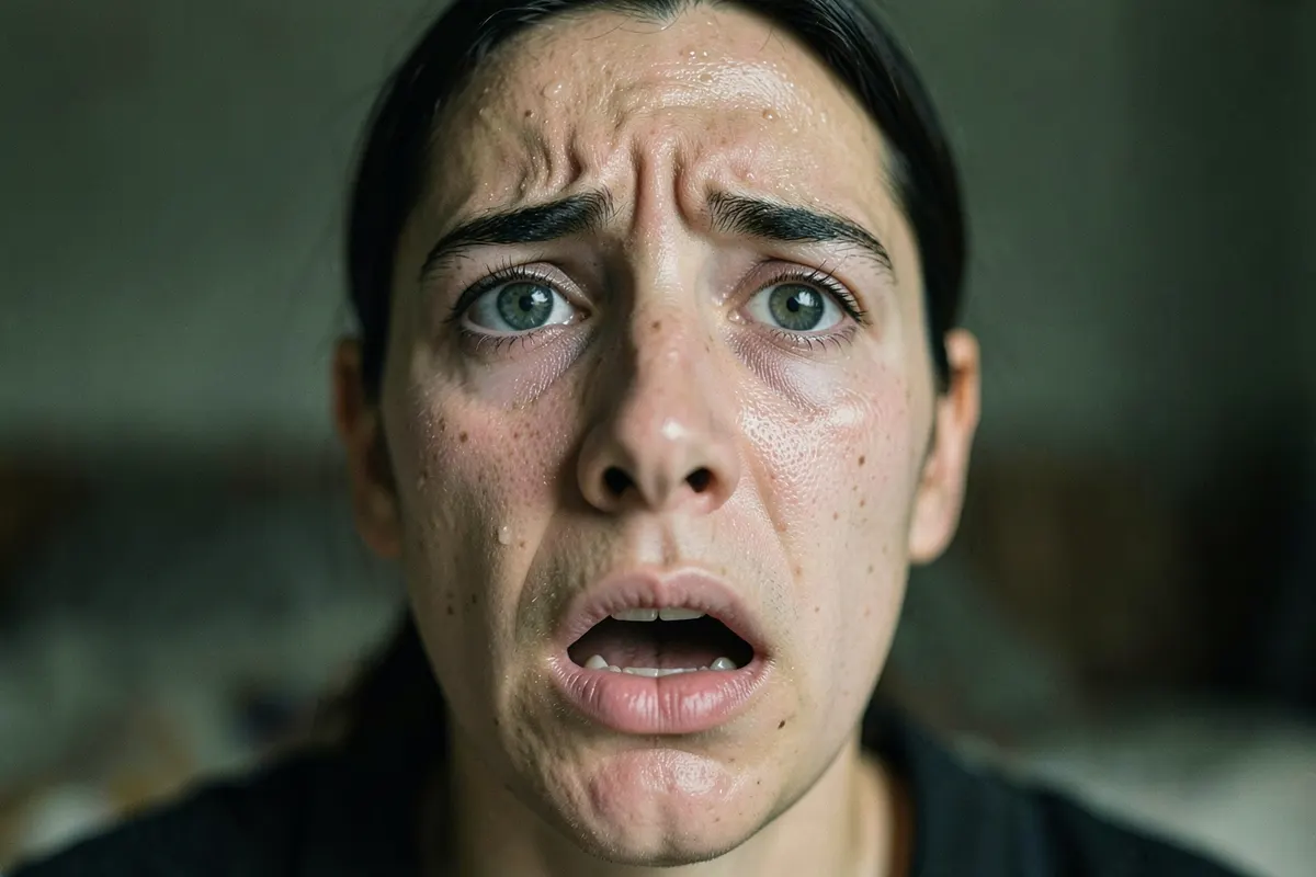 Close-up de uma pessoa com respiração ofegante, com foco nos olhos arregalados e suor na testa.