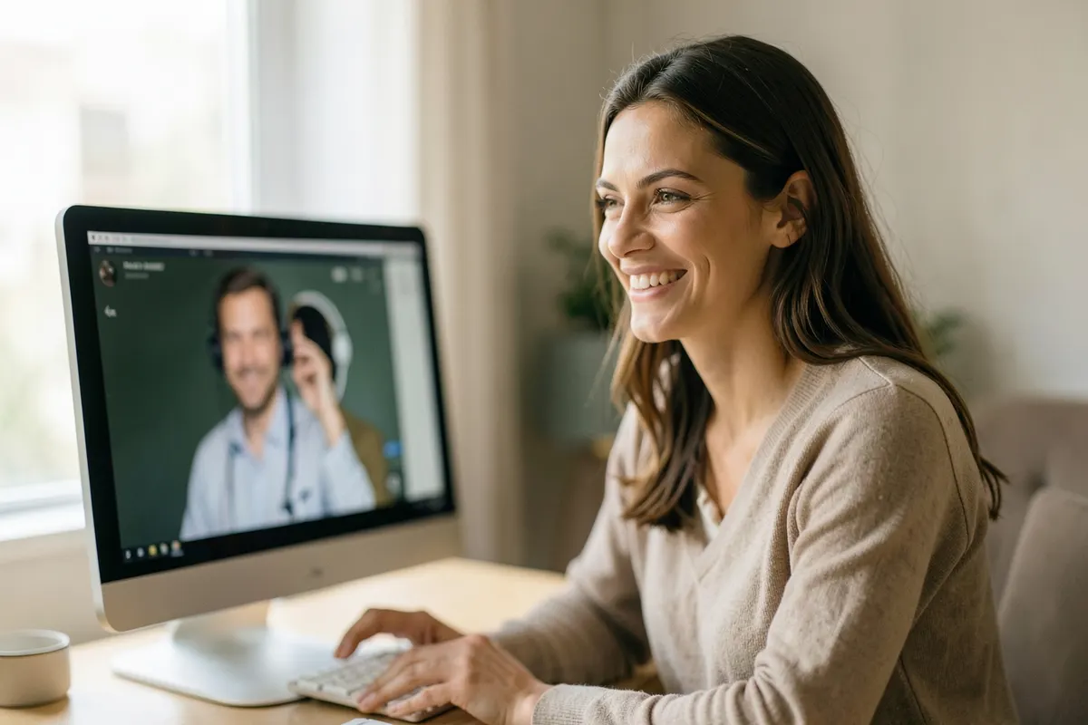 Mulher sorrindo enquanto conversa com um psiquiatra em uma tela de computador em casa.