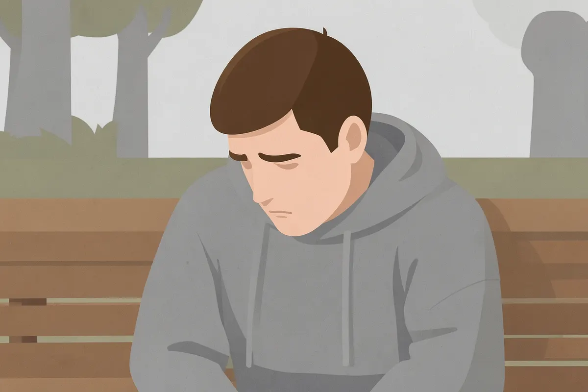 Homem com expressão triste sentado em um banco de parque
