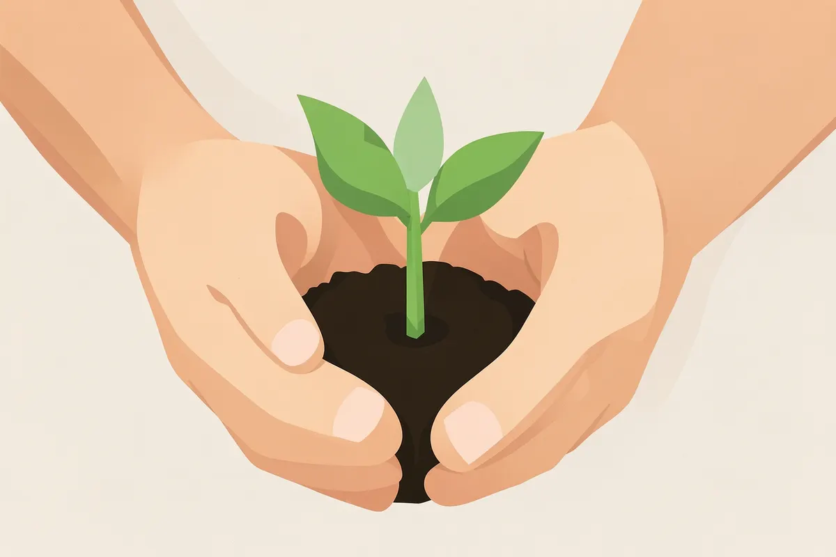 Mãos segurando um pequeno broto de planta crescendo em terra
