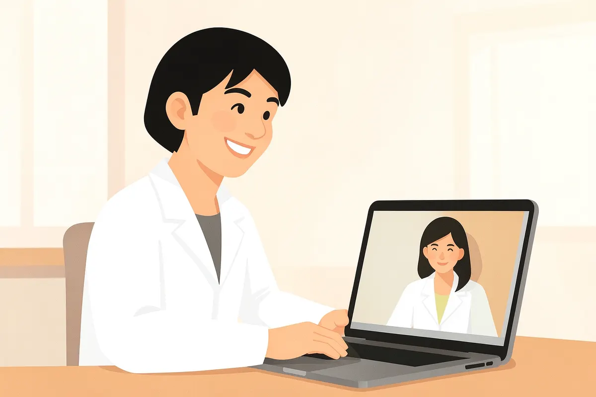 Médico sorrindo e conversando com paciente em uma videochamada em um laptop