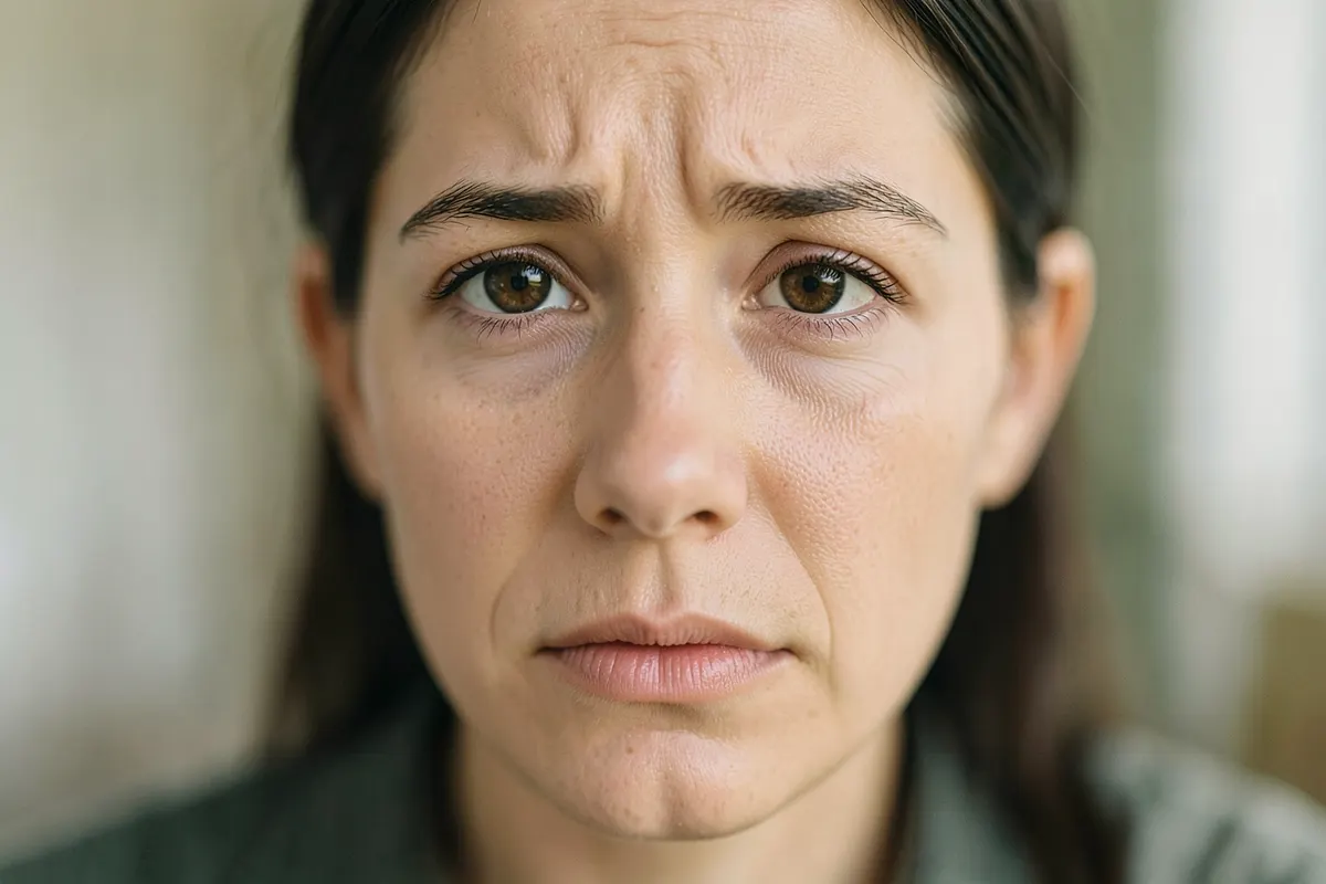 Close-up de uma pessoa com expressão pensativa, com foco em seus olhos.