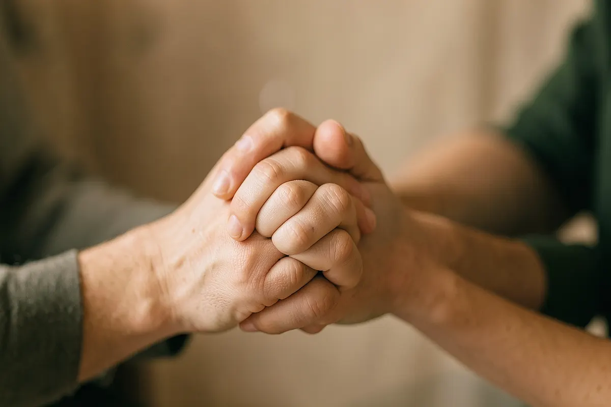 Mãos entrelaçadas em sinal de ansiedade, com fundo desfocado.