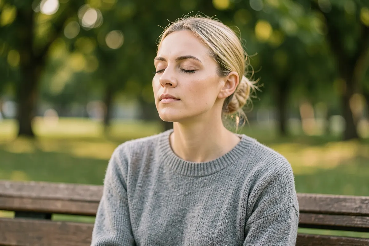 Mulher sentada em um banco de parque, respirando fundo com os olhos fechados.