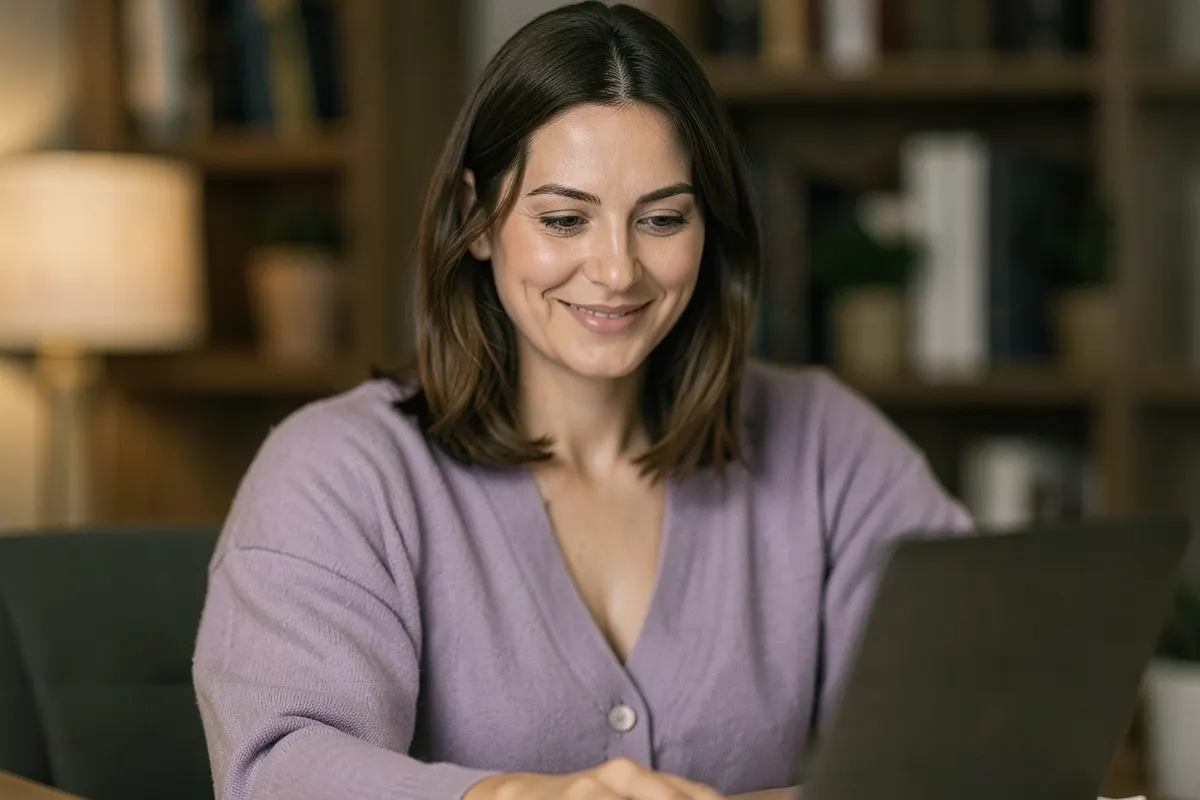 Mulher sorrindo gentilmente enquanto conversa em uma videochamada de consulta psiquiátrica.