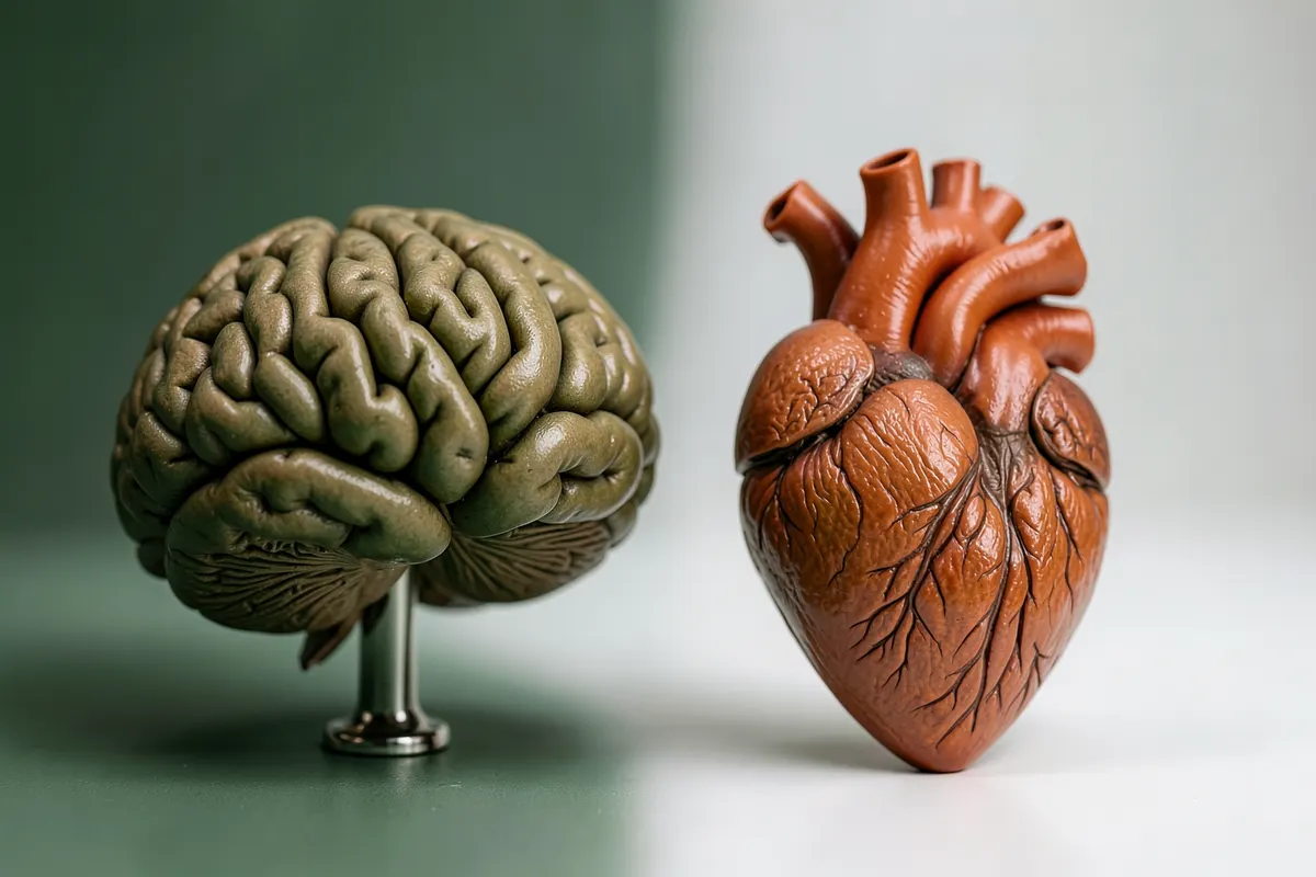 Uma balança equilibrada com um cérebro de um lado e um coração do outro, simbolizando o equilíbrio mental e emocional