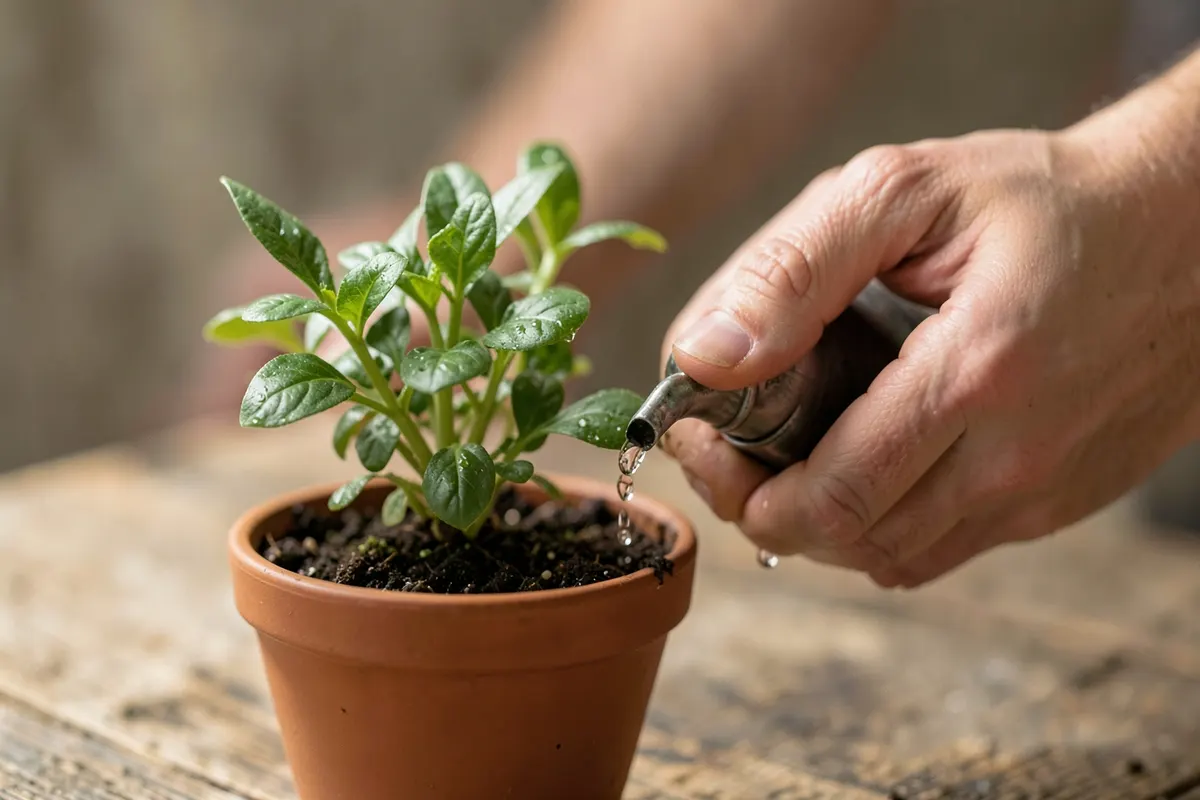 Uma pessoa regando uma planta pequena que está crescendo, simbolizando o autocuidado e o desenvolvimento pessoal