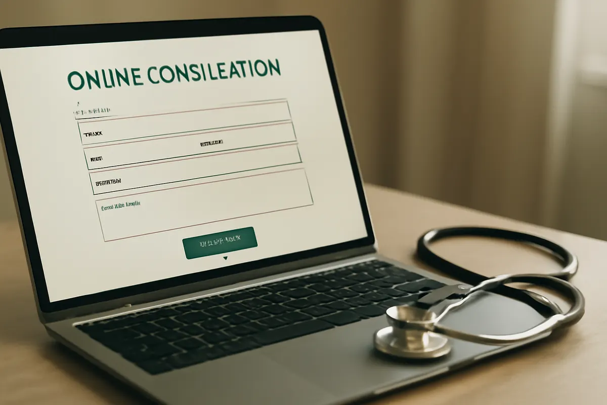 Um laptop exibindo um formulário de consulta online com um estetoscópio ao lado, representando a ajuda de uma consulta psiquiátrica online