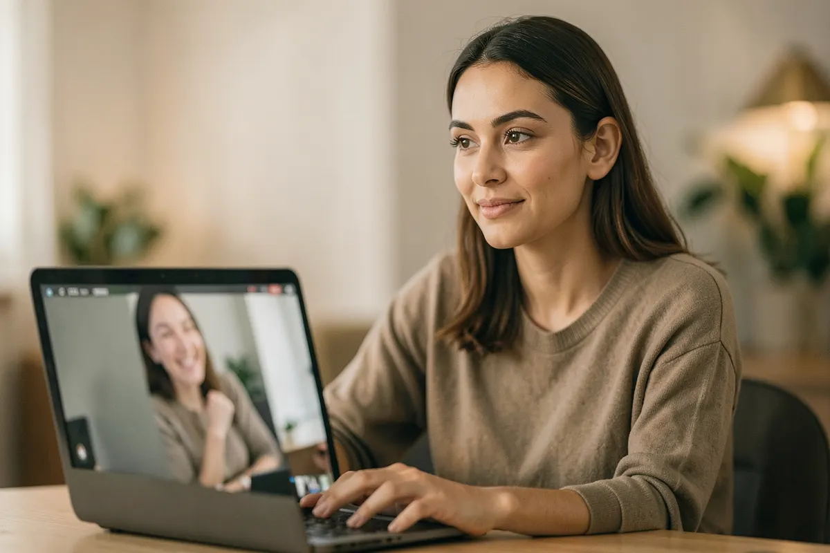 Mulher conversando calmamente com um psiquiatra através de uma videochamada em um laptop, em um ambiente de consultório moderno e acolhedor.