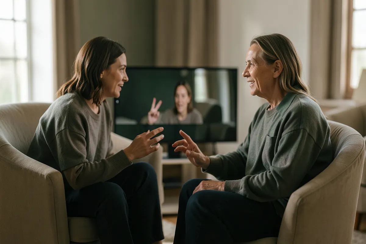 Duas pessoas sentadas em poltronas confortáveis em salas separadas, conversando através de uma conexão de vídeo em uma tela, simbolizando terapia online.