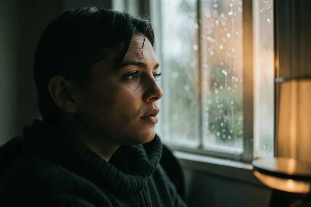 Uma pessoa pensativa olhando pela janela em um dia chuvoso, com uma lâmpada acesa ao lado, simbolizando introspecção e busca por ajuda.