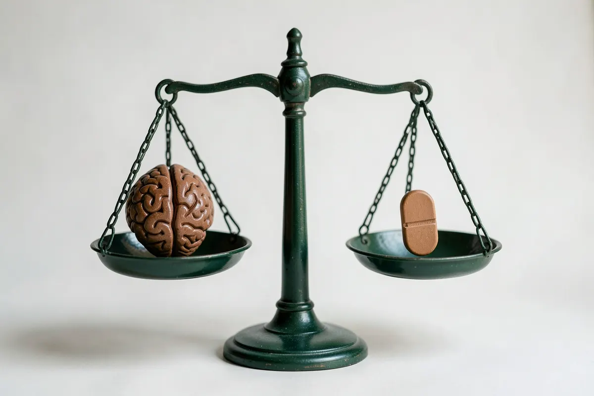 Uma balança com um símbolo de cérebro de um lado e um símbolo de pílula do outro, equilibrada, representando a escolha entre tratamento psicológico e psiquiátrico.