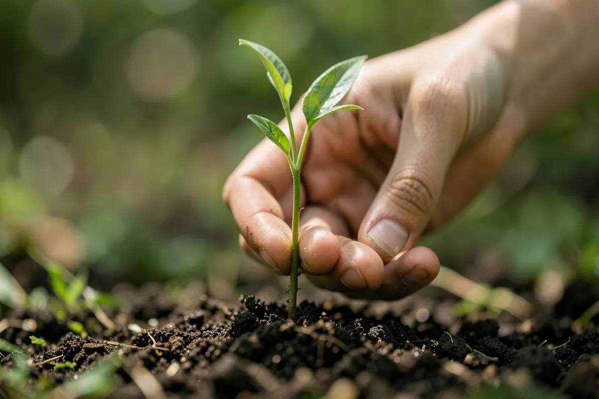 Uma mão estendendo um pequeno broto de planta crescendo da terra, simbolizando o início de um processo de cura e crescimento.