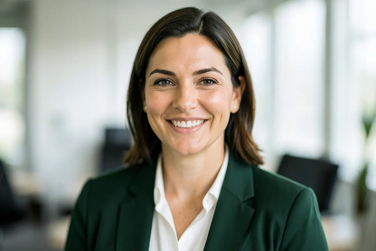 Um retrato profissional de uma mulher sorrindo levemente, com um fundo desfocado de um escritório ou consultório.