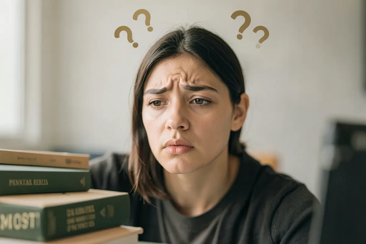 Pessoa confusa olhando para livros de psicologia e psiquiatria com símbolos de interrogação.