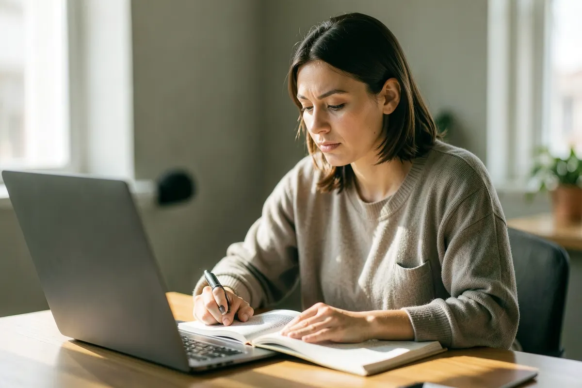 Pessoa estudando atentamente com um livro aberto e um laptop, em uma mesa organizada.