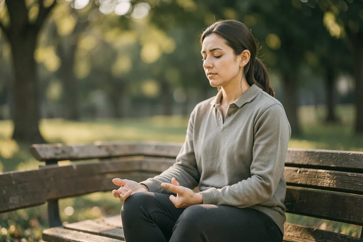 Pessoa aplicando técnicas de mindfulness em um parque, sentada em um banco.