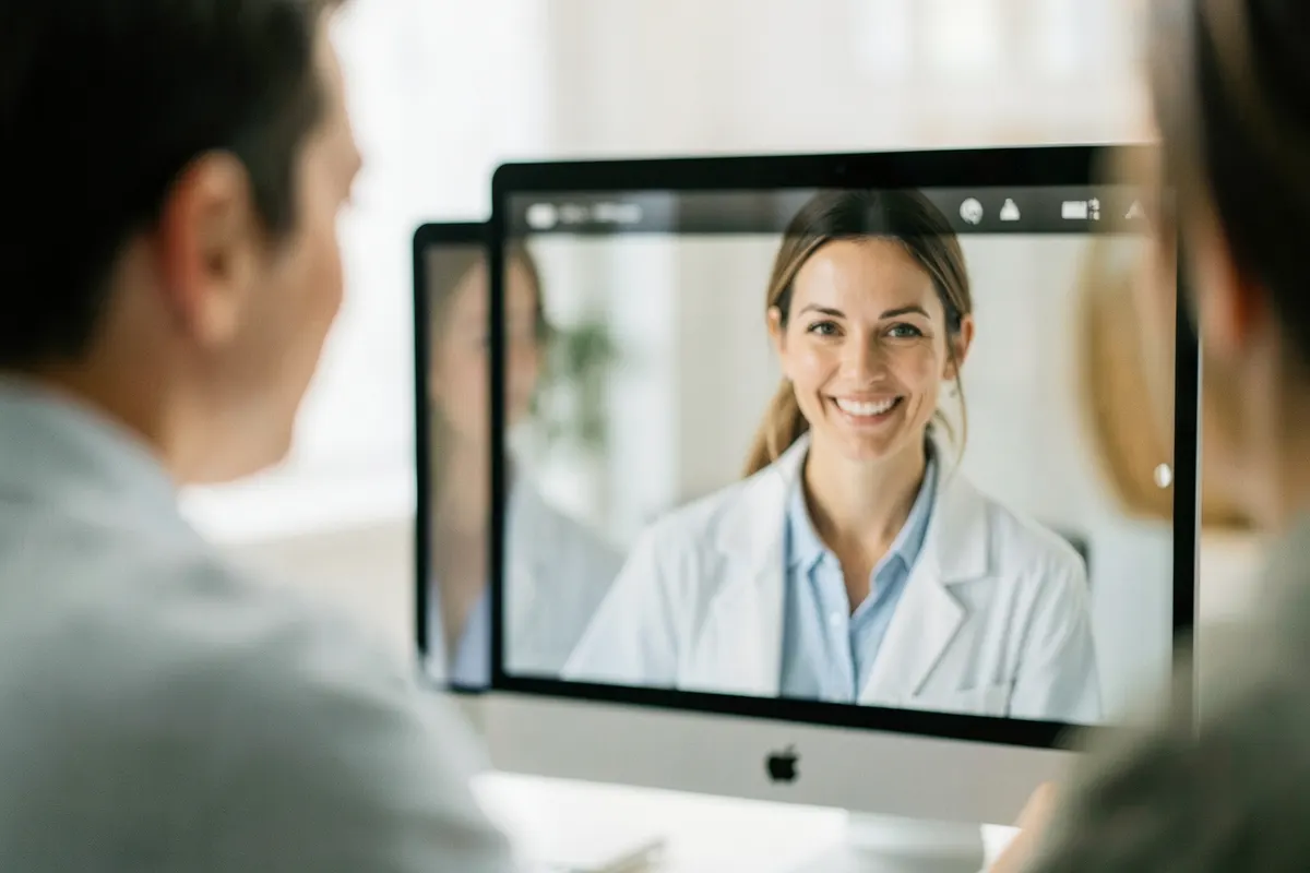 Médico em uma tela de computador sorrindo para um paciente em uma consulta online.