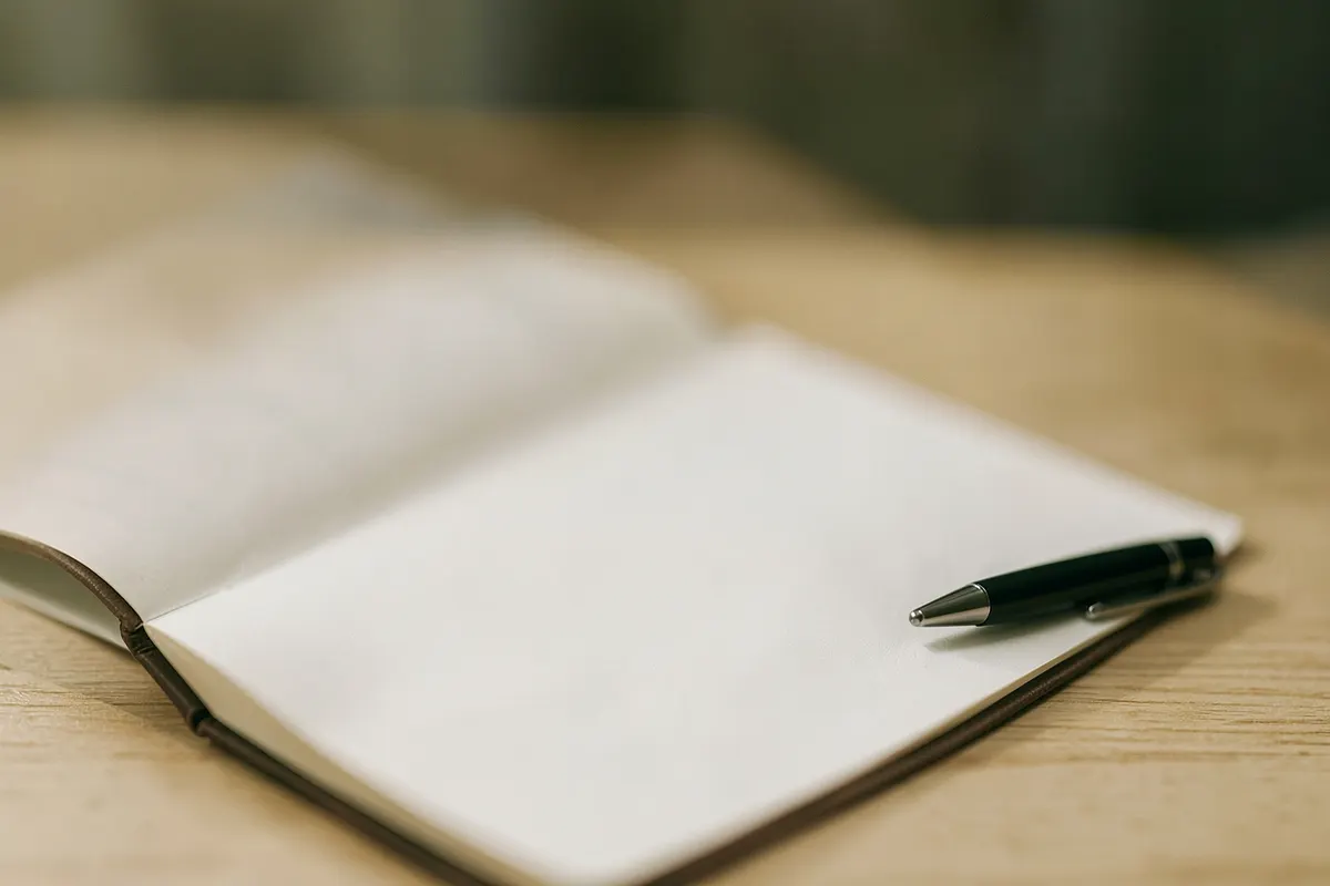 Close-up de um caderno aberto com uma caneta ao lado, em uma mesa de madeira clara.