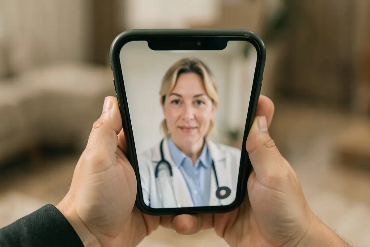 Mãos segurando um telefone com uma tela de videochamada de consulta médica.