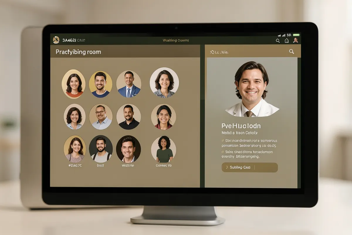 Sala de espera virtual com avatares de pacientes e um médico em uma tela.