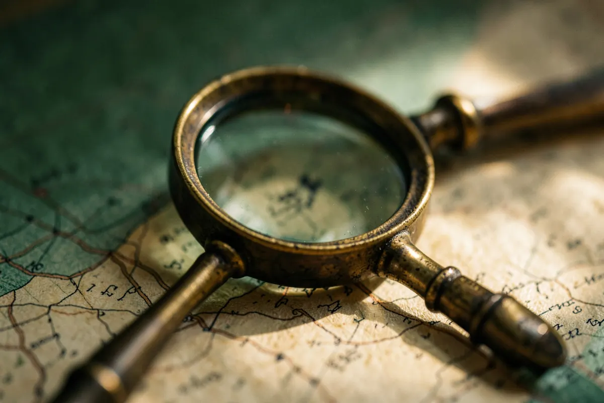 Uma lupa examinando um pequeno ponto em um mapa, simbolizando a busca por ajuda específica.