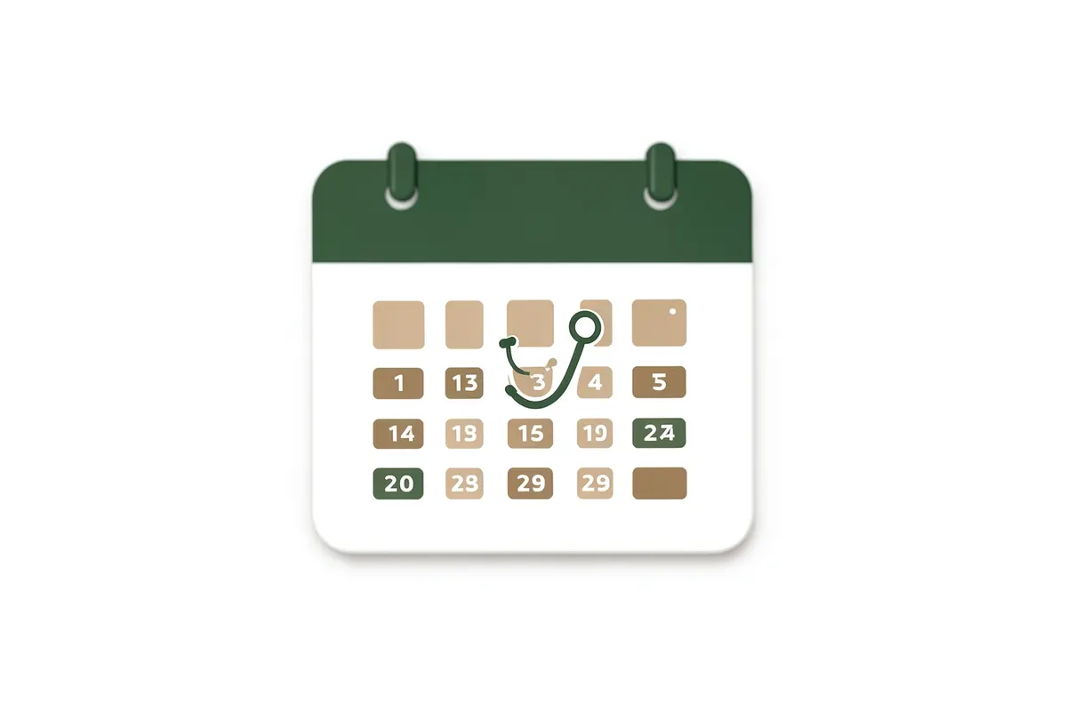 Um ícone de calendário com um símbolo de consulta médica, representando o agendamento de ajuda profissional.