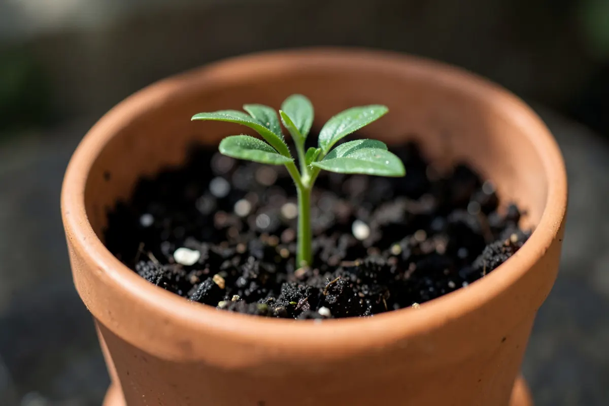 Uma planta crescendo lentamente em um vaso, simbolizando o desenvolvimento gradual dos sintomas de ansiedade.