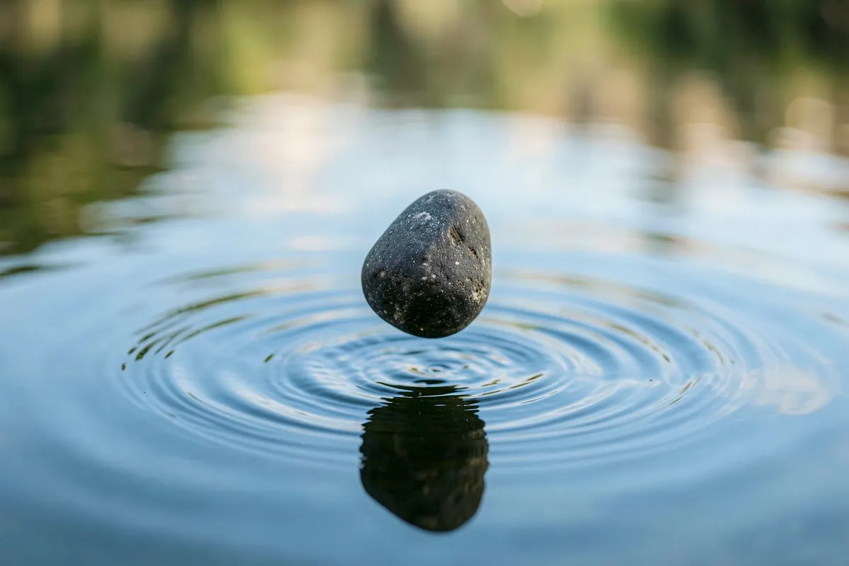 Uma única pedra caindo em um lago calmo, criando ondulações, simbolizando o gatilho de uma crise de pânico.