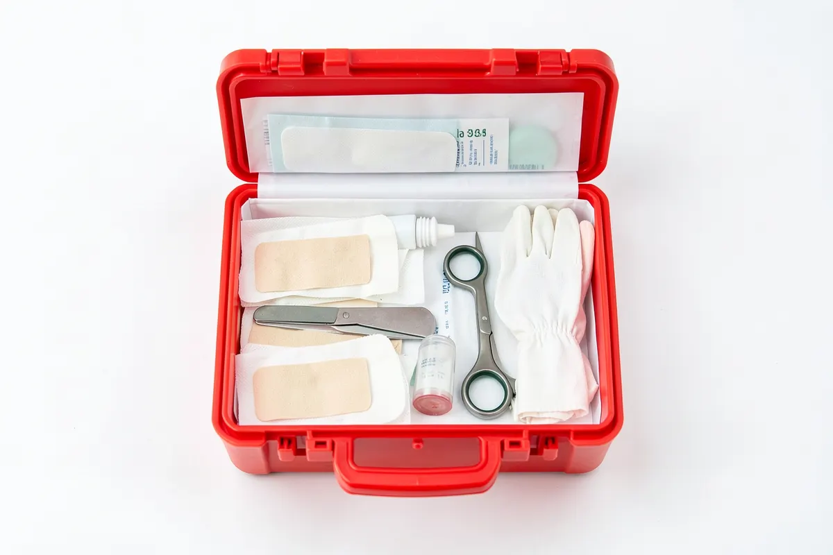 Um kit de primeiros socorros aberto com itens organizados, simbolizando o tratamento imediato.