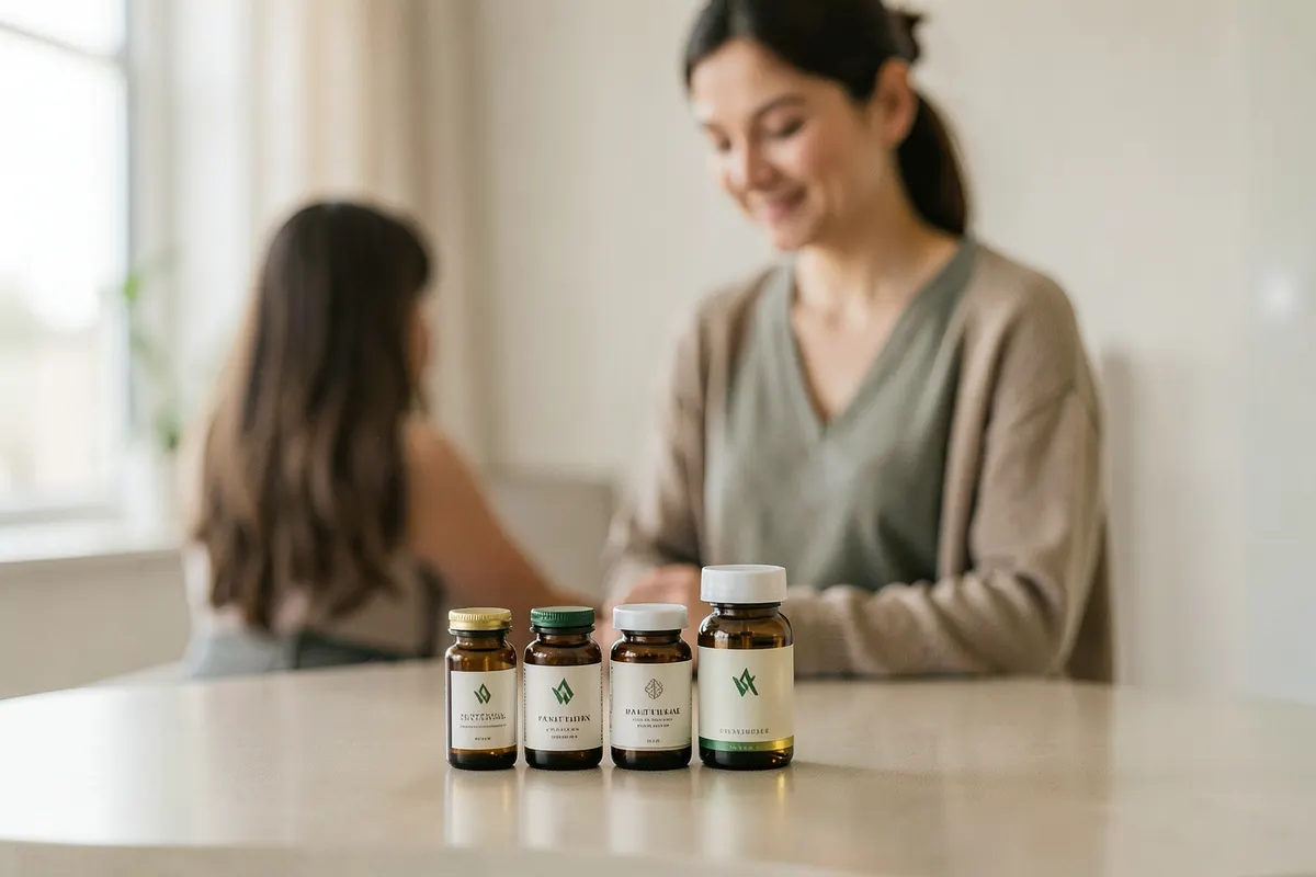 Uma pessoa escolhendo entre vários frascos de diferentes tamanhos e cores de medicamentos.