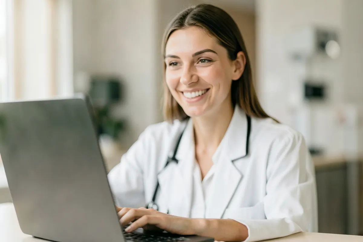 Uma médica sorrindo em uma tela de laptop, com um fundo desfocado de um consultório médico.