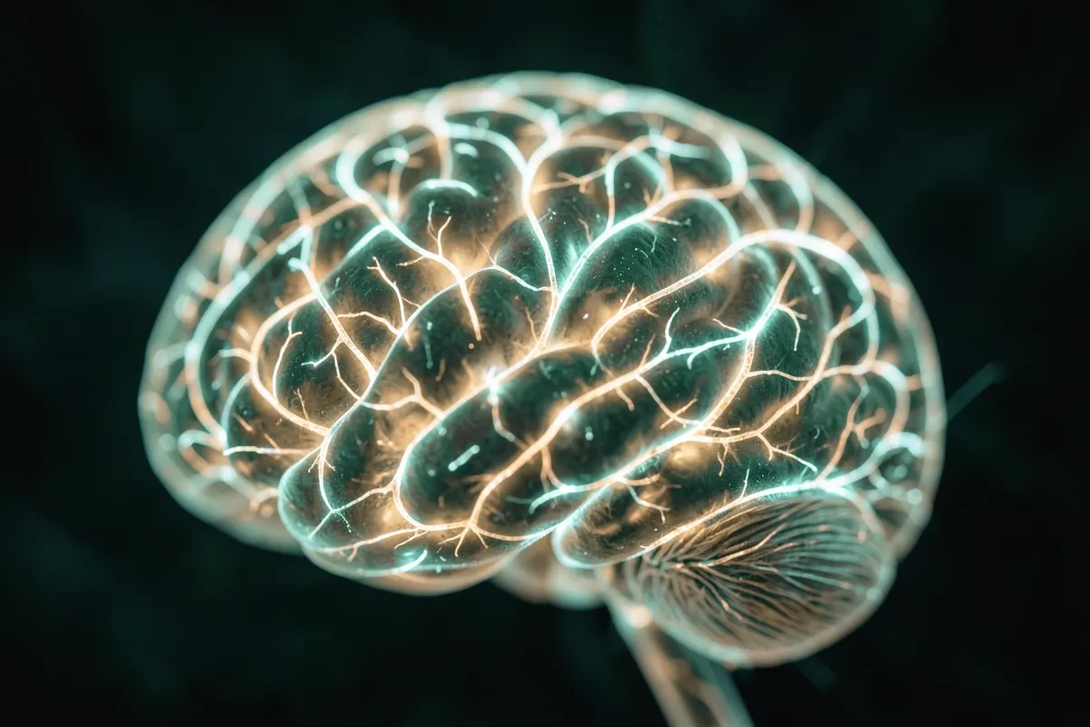 Um close-up de um cérebro humano com conexões brilhantes, simbolizando atividade neural.