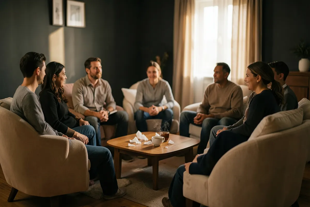Um grupo de pessoas diversas em um ambiente de apoio, como um grupo de terapia.